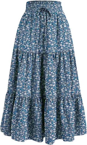 Long Skirts for Women Trendy Flowy Floral Midi Skirt Summer Elastic High Waisted Ruffle Tiered Renaissance Skirt