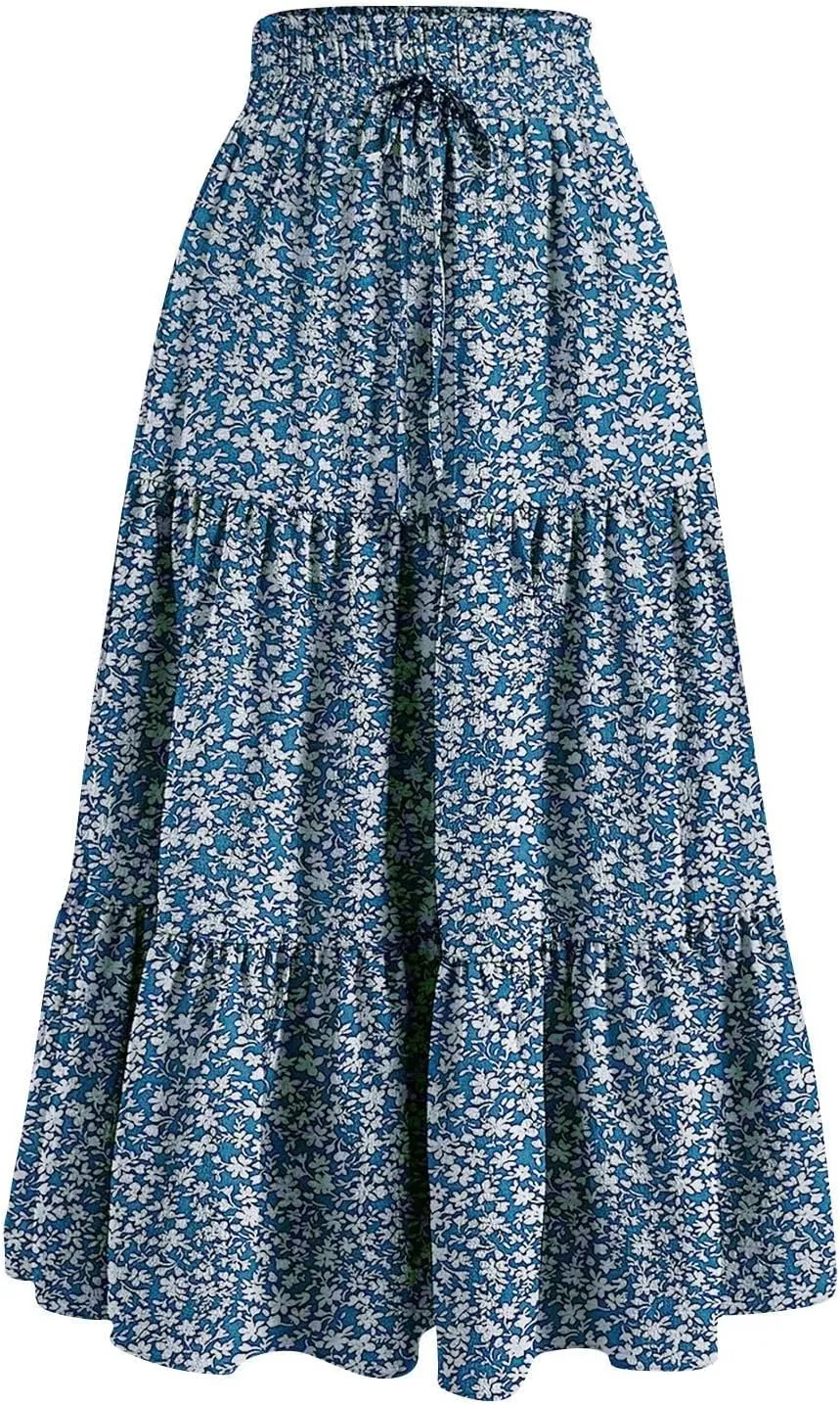Long Skirts for Women Trendy Flowy Floral Midi Skirt Summer Elastic High Waisted Ruffle Tiered Renaissance Skirt