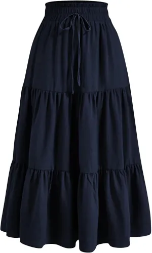 Long Skirts for Women Trendy Flowy Floral Midi Skirt Summer Elastic High Waisted Ruffle Tiered Renaissance Skirt