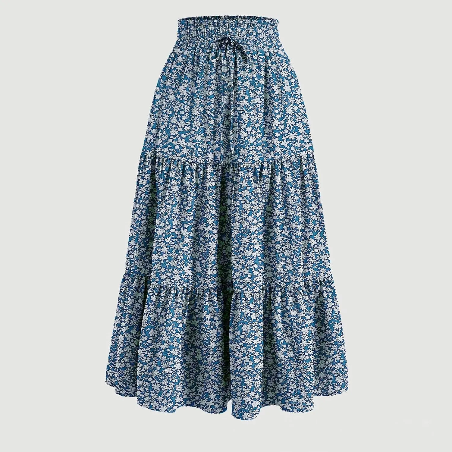 Long Skirts for Women Trendy Flowy Floral Midi Skirt Summer Elastic High Waisted Ruffle Tiered Renaissance Skirt
