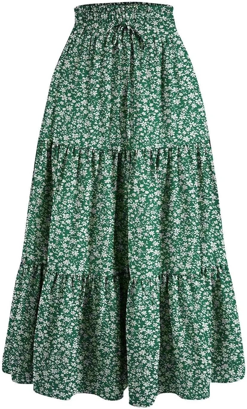 Long Skirts for Women Trendy Flowy Floral Midi Skirt Summer Elastic High Waisted Ruffle Tiered Renaissance Skirt