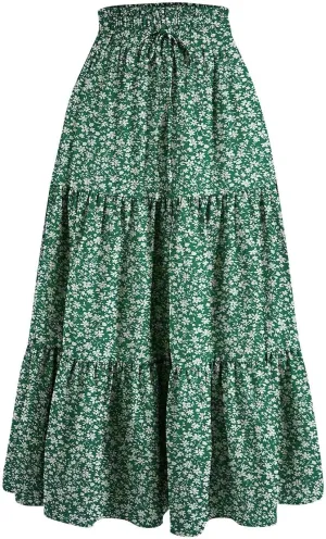 Long Skirts for Women Trendy Flowy Floral Midi Skirt Summer Elastic High Waisted Ruffle Tiered Renaissance Skirt