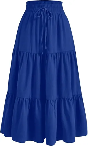 Long Skirts for Women Trendy Flowy Floral Midi Skirt Summer Elastic High Waisted Ruffle Tiered Renaissance Skirt