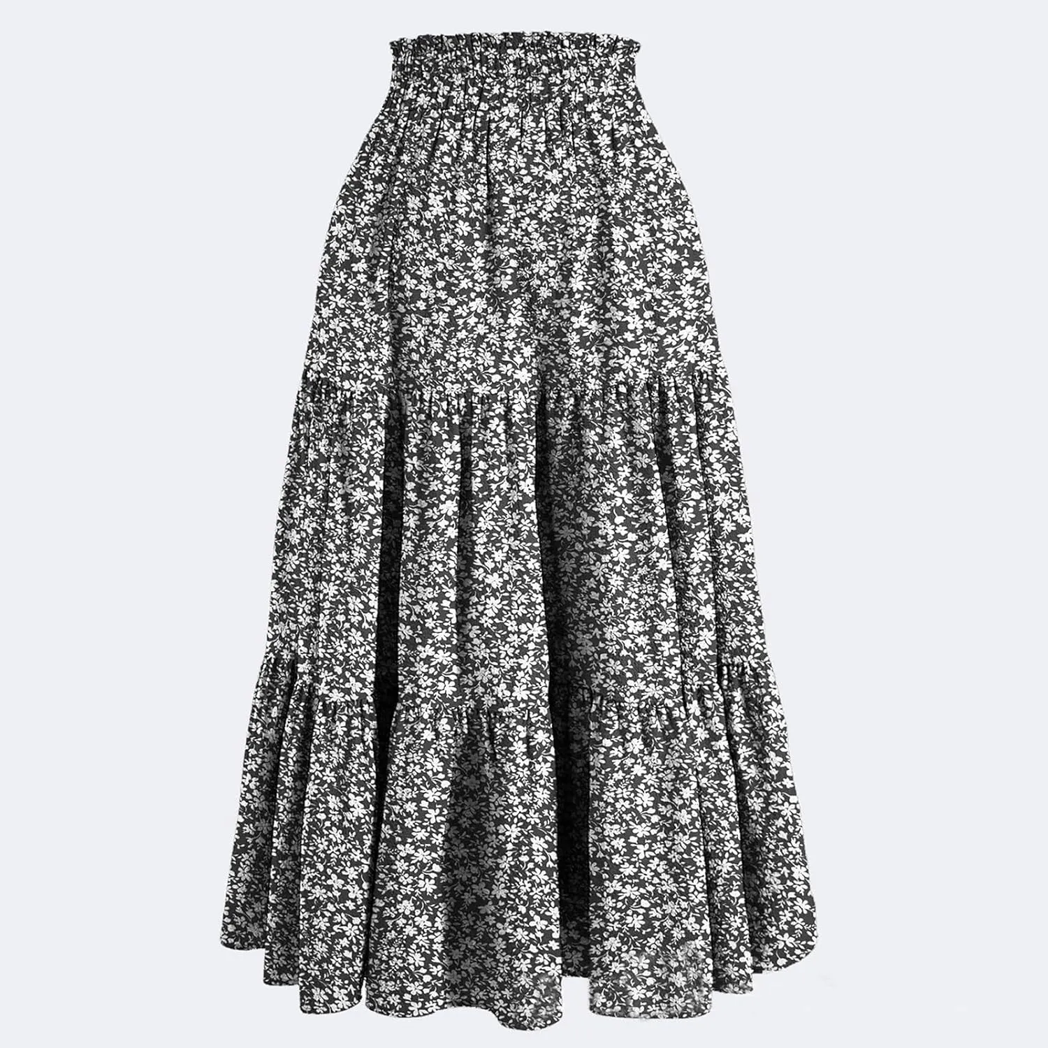 Long Skirts for Women Trendy Flowy Floral Midi Skirt Summer Elastic High Waisted Ruffle Tiered Renaissance Skirt