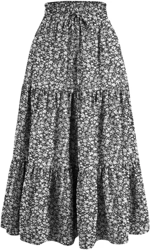 Long Skirts for Women Trendy Flowy Floral Midi Skirt Summer Elastic High Waisted Ruffle Tiered Renaissance Skirt
