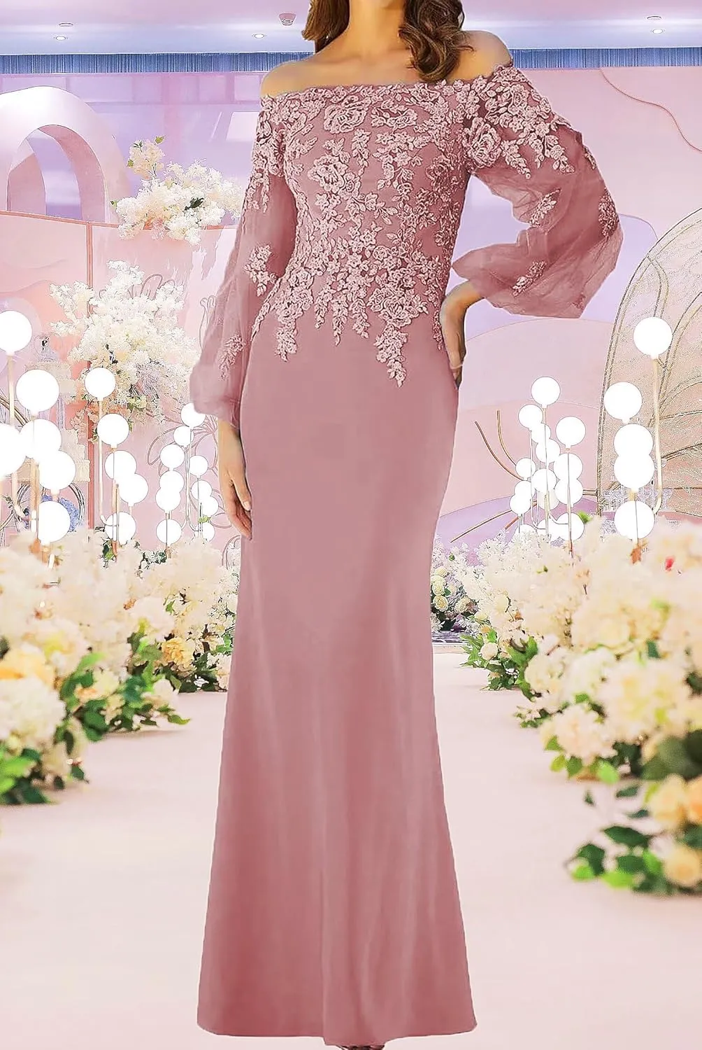 Long Sleeve Plus Size Mother of The Groom Dresses Off Shoulder Chiffon Lace Appliques Mother of Bride Dresses 2024