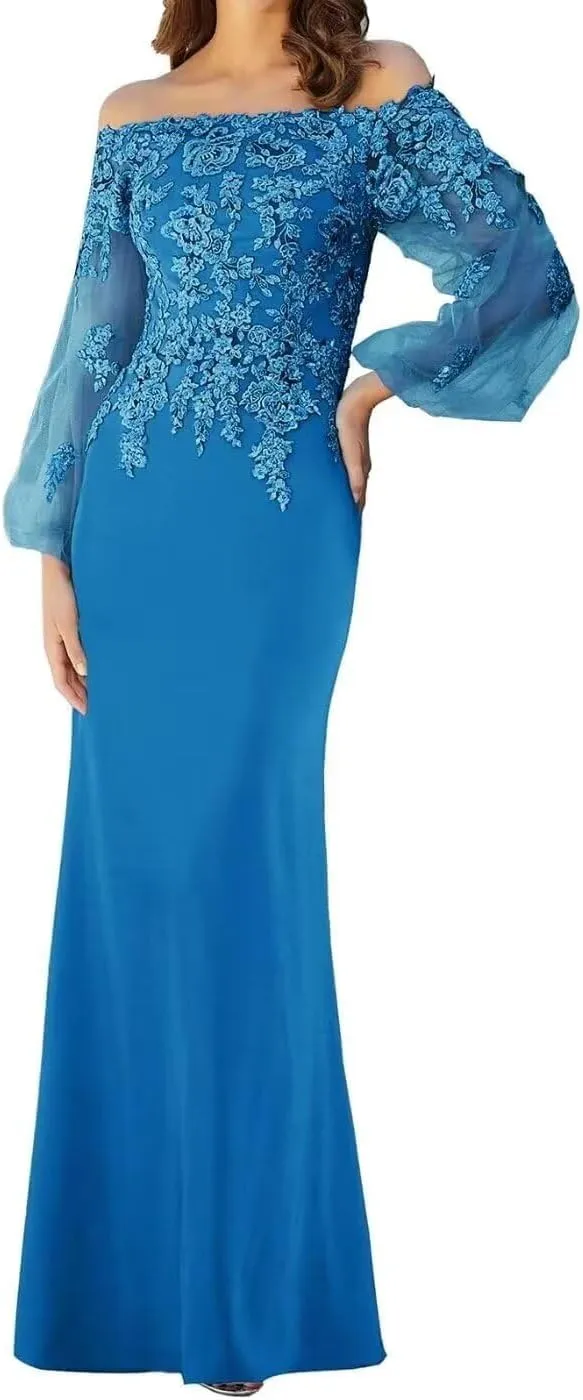 Long Sleeve Plus Size Mother of The Groom Dresses Off Shoulder Chiffon Lace Appliques Mother of Bride Dresses 2024