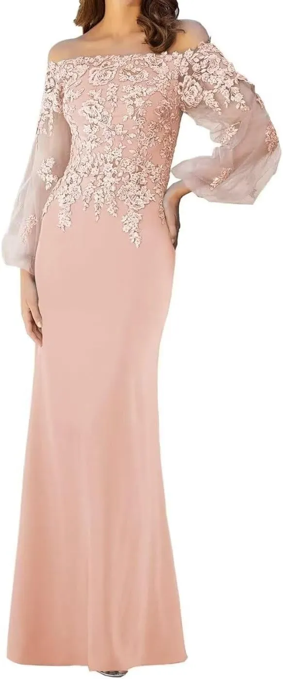 Long Sleeve Plus Size Mother of The Groom Dresses Off Shoulder Chiffon Lace Appliques Mother of Bride Dresses 2024