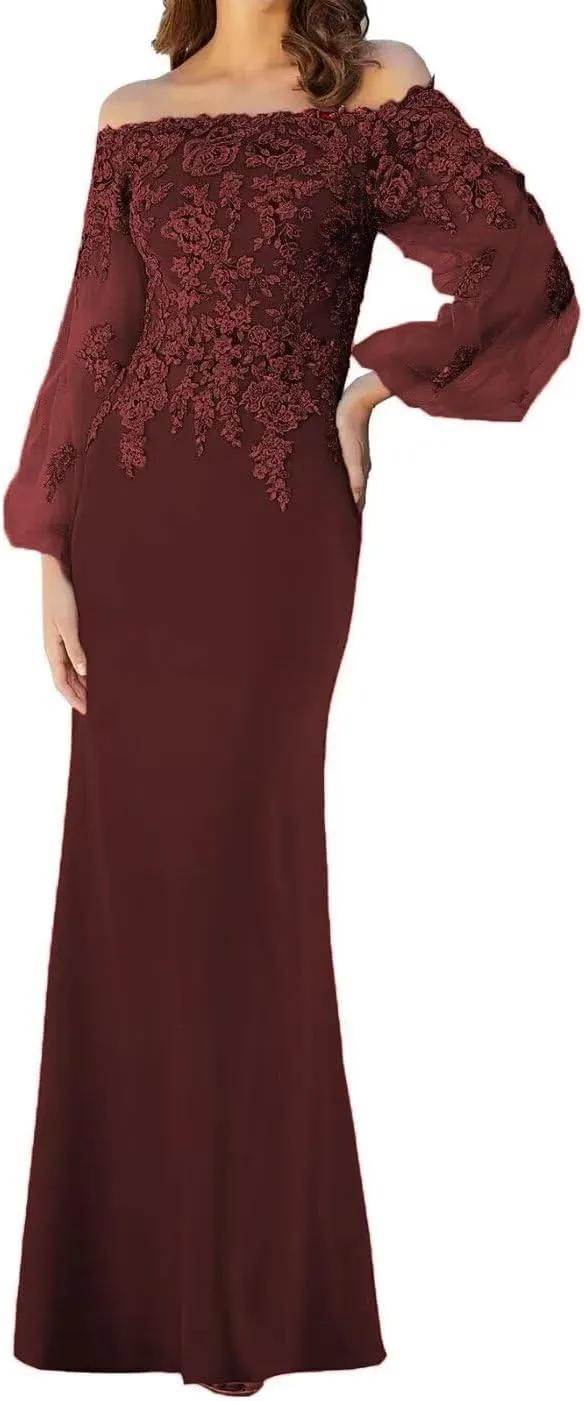 Long Sleeve Plus Size Mother of The Groom Dresses Off Shoulder Chiffon Lace Appliques Mother of Bride Dresses 2024