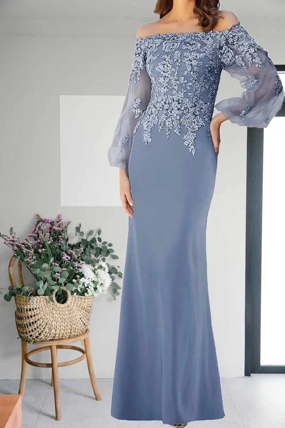 Long Sleeve Plus Size Mother of The Groom Dresses Off Shoulder Chiffon Lace Appliques Mother of Bride Dresses 2024