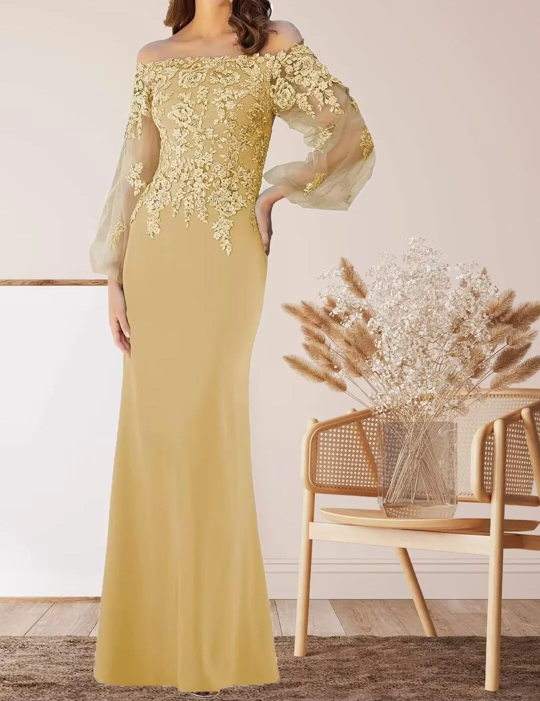 Long Sleeve Plus Size Mother of The Groom Dresses Off Shoulder Chiffon Lace Appliques Mother of Bride Dresses 2024