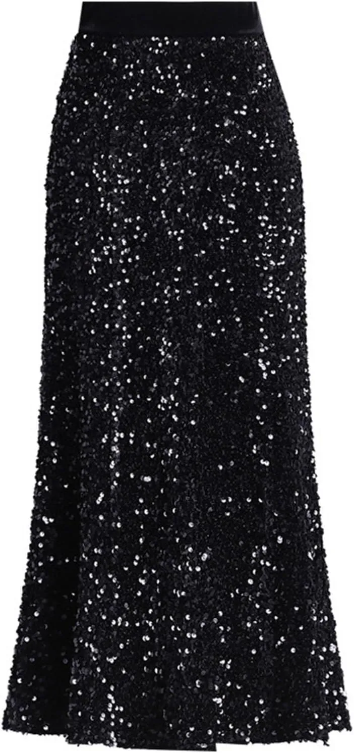 Loose Fit for Women Maxi Long Elegant Sequin Sparkle High Cut Pencil Glitter Basic Skirt Women 2025