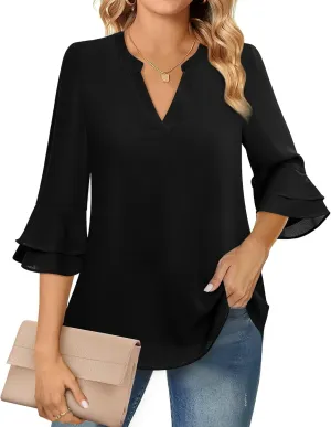 Lotusmile Womens Tops Dressy Casual 3/4 Tiered Bell Sleeve Blouses Double Layered Chiffon Work Tunic Shirts