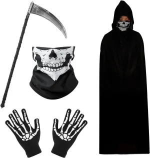 LUTER Halloween Grim Reaper Suit, Grim Reaper Costume with Skeleton Mask, Gloves and Sickle Grim Reaper Cloak with Hood Adult Decoration for Cosplay Halloween Parties (Black)