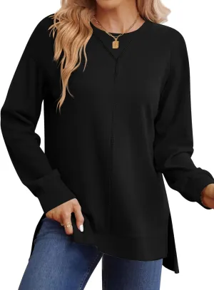 LUYAA Oversized Sweatshirt for Women Casual Crewneck Long Sleeve Shirts Fall Fashion Slit Pullover Top 2024 (Black XXL)