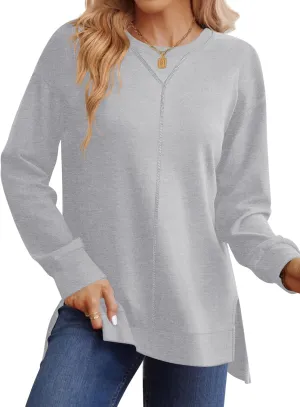 LUYAA Women's Casual Sweatshirts Oversized Crew Neck Pullover Tops Long Sleeve Fall Side Slit Clothes