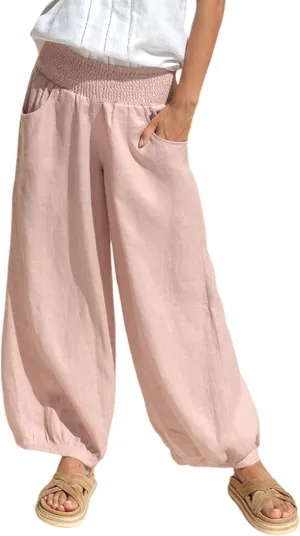 Lviefent Womens Linen Wide Leg Pants Baggy Elastic Waist Berral Pants Beach Palazzo Harem Pants with Pockets