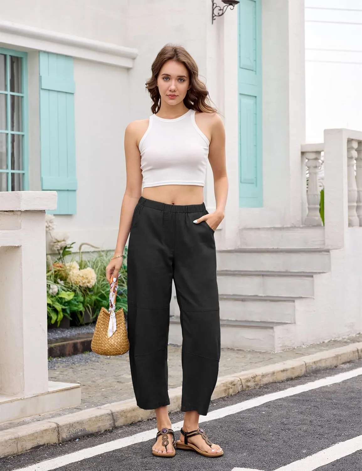 Lviefent Womens Wide Leg Barrel Pants Casual Baggy Elastic Waist Linen Ankle Length Trouser with Pockets