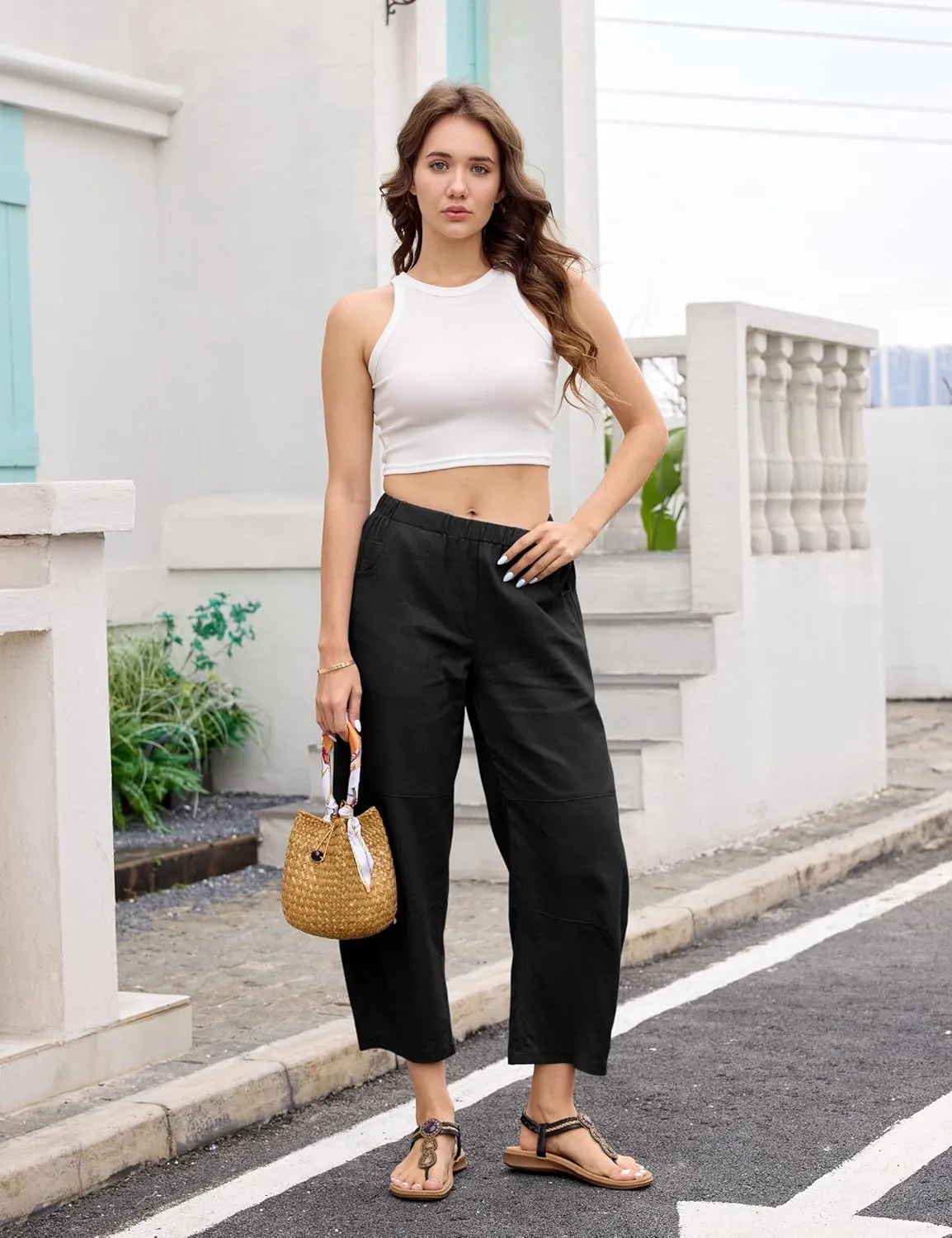 Lviefent Womens Wide Leg Barrel Pants Casual Baggy Elastic Waist Linen Ankle Length Trouser with Pockets