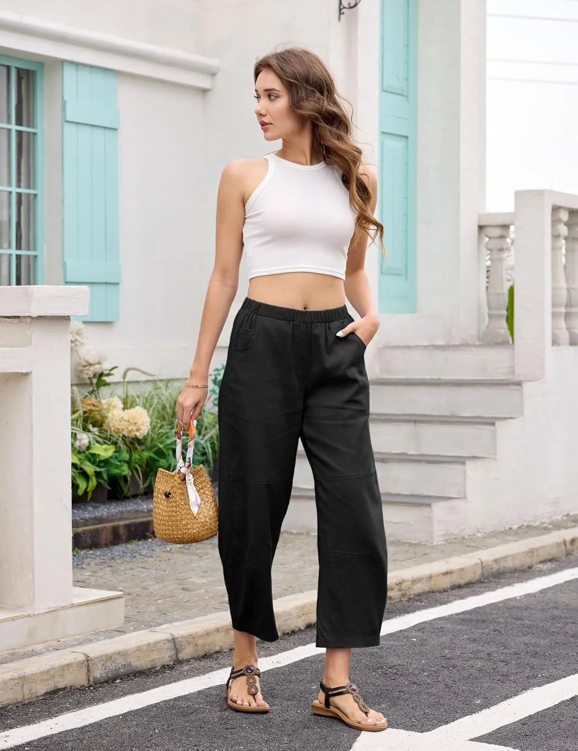 Lviefent Womens Wide Leg Barrel Pants Casual Baggy Elastic Waist Linen Ankle Length Trouser with Pockets