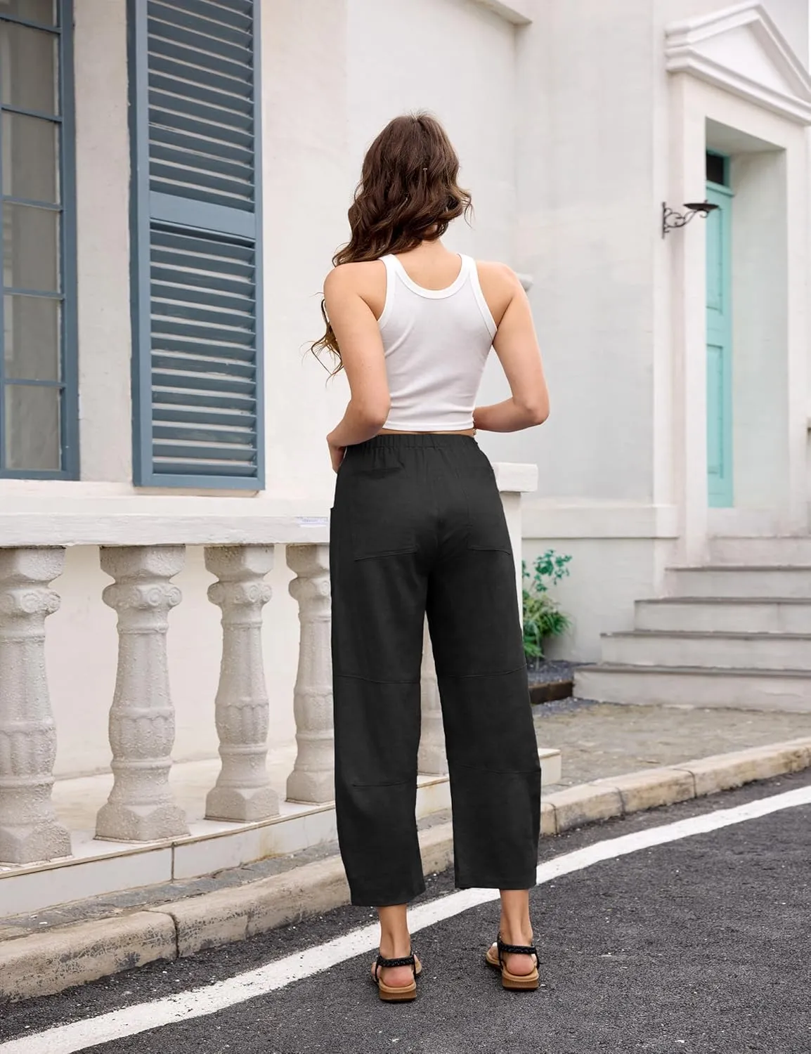 Lviefent Womens Wide Leg Barrel Pants Casual Baggy Elastic Waist Linen Ankle Length Trouser with Pockets
