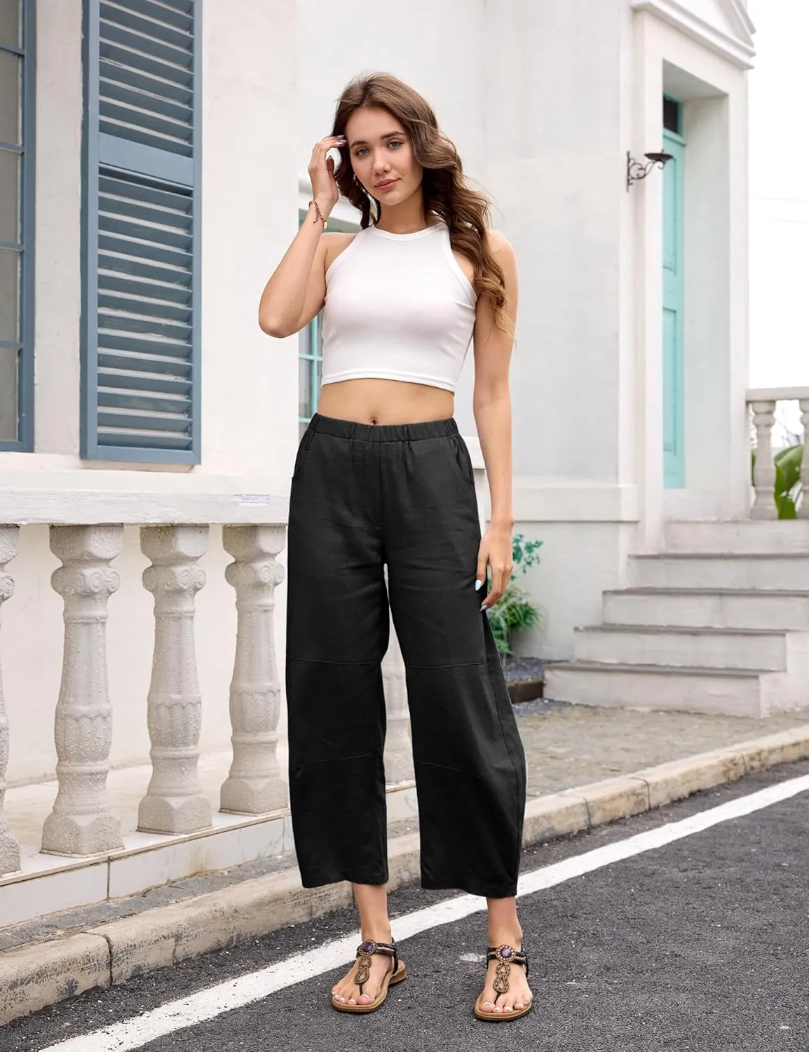 Lviefent Womens Wide Leg Barrel Pants Casual Baggy Elastic Waist Linen Ankle Length Trouser with Pockets