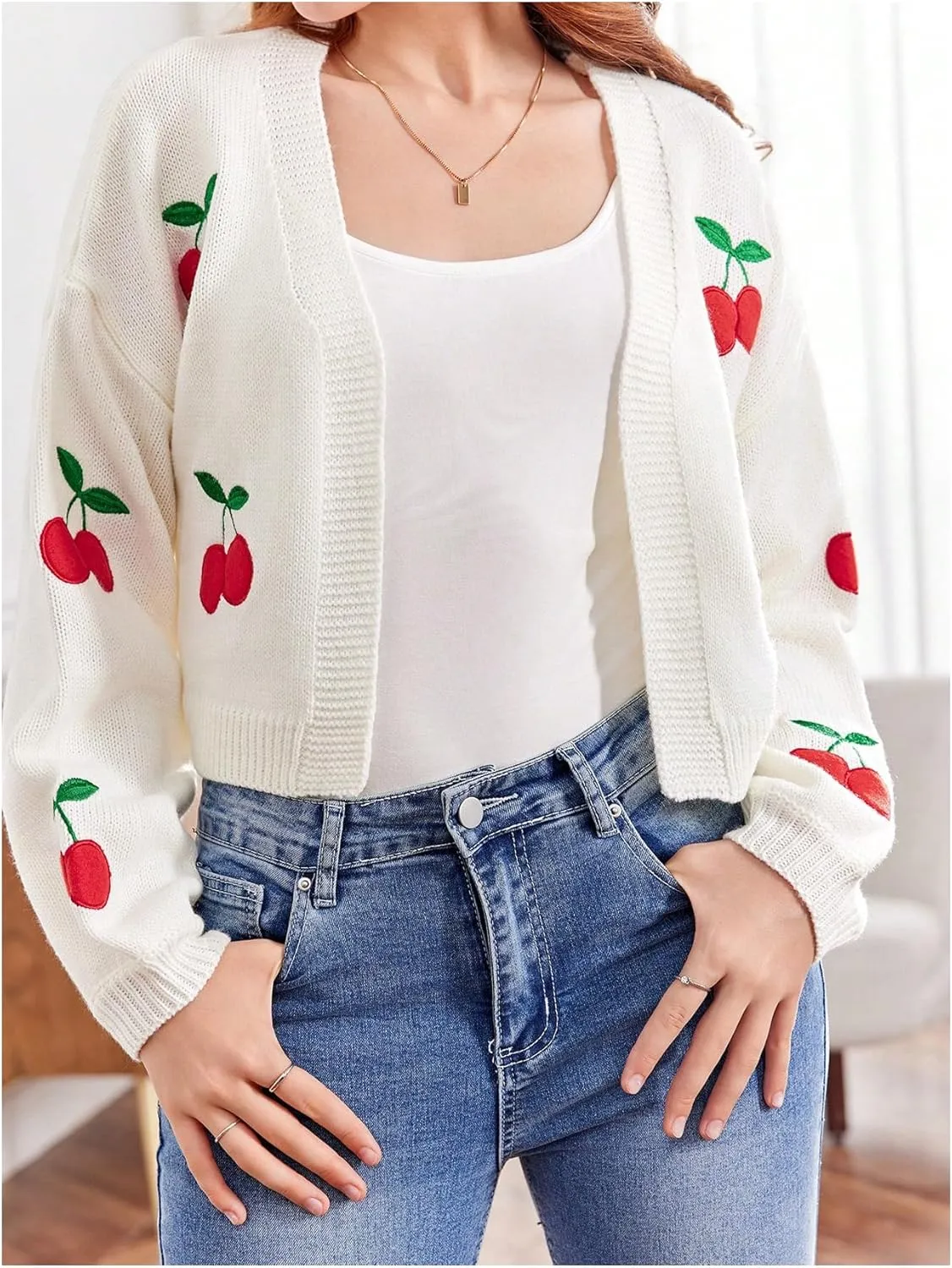 MakeMeChic Girl's Cherry Embroidery Open Front Sweater Cardigan Long Sleeve Cute Lightweight Cardigans