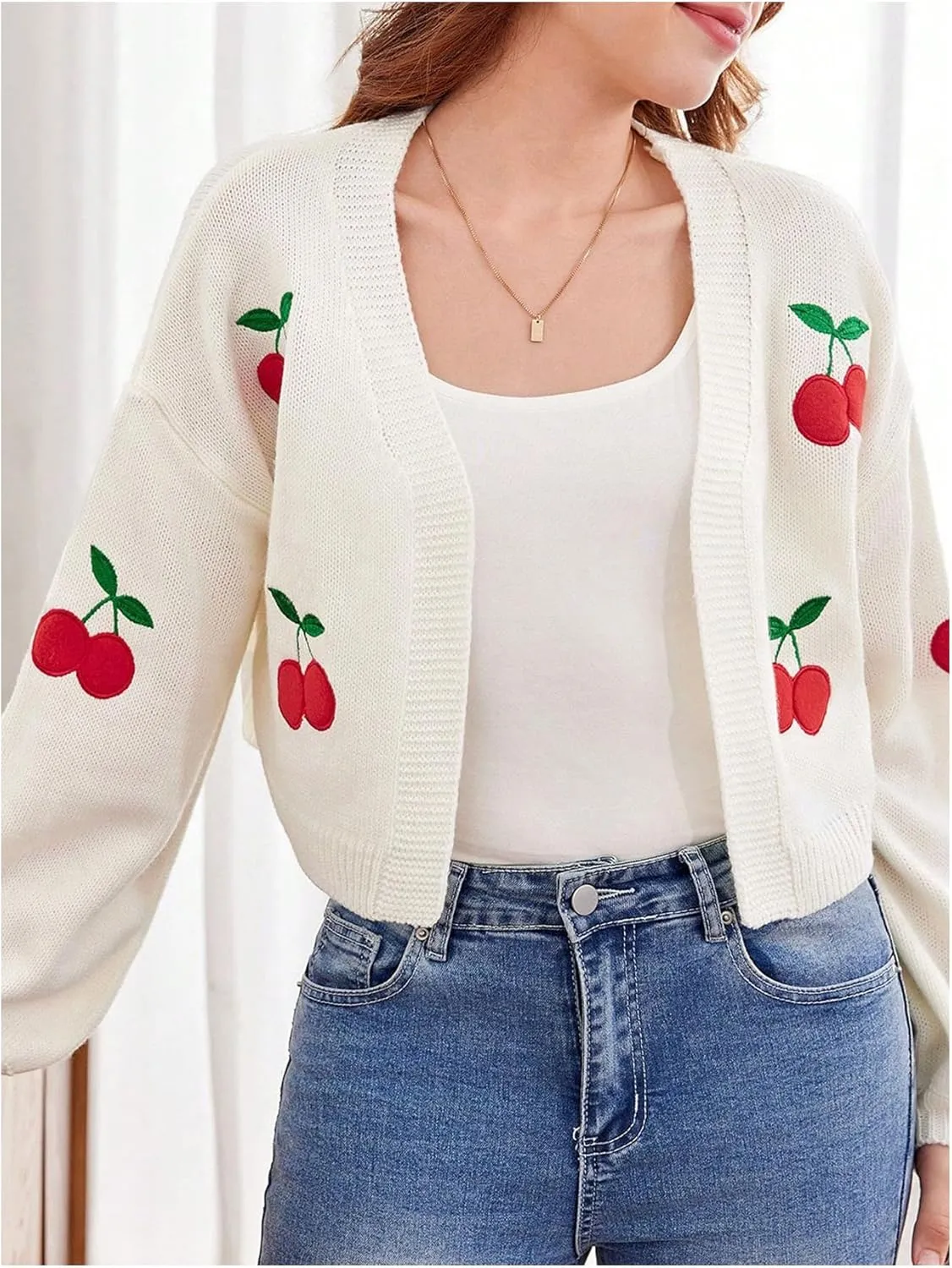 MakeMeChic Girl's Cherry Embroidery Open Front Sweater Cardigan Long Sleeve Cute Lightweight Cardigans