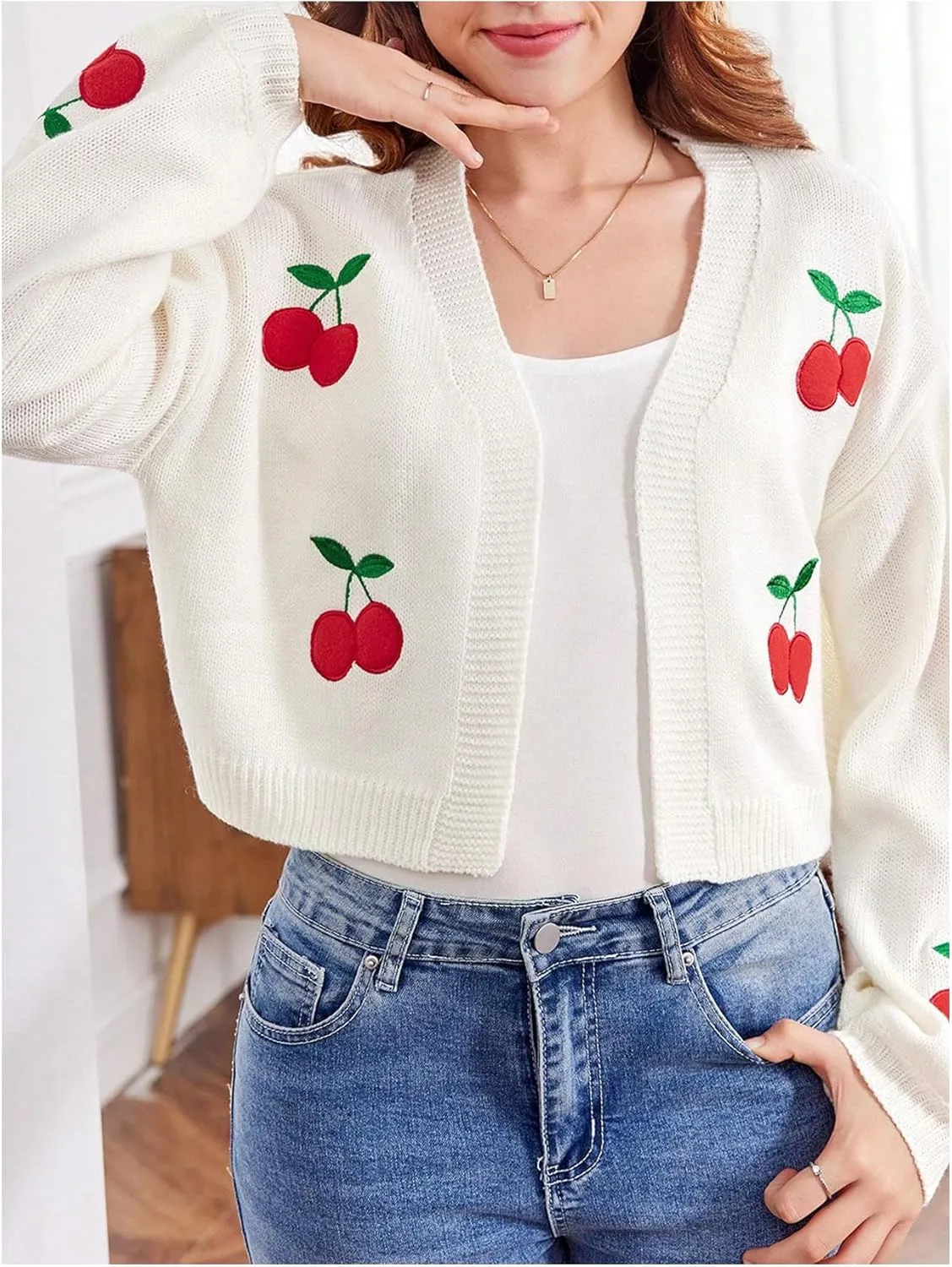MakeMeChic Girl's Cherry Embroidery Open Front Sweater Cardigan Long Sleeve Cute Lightweight Cardigans