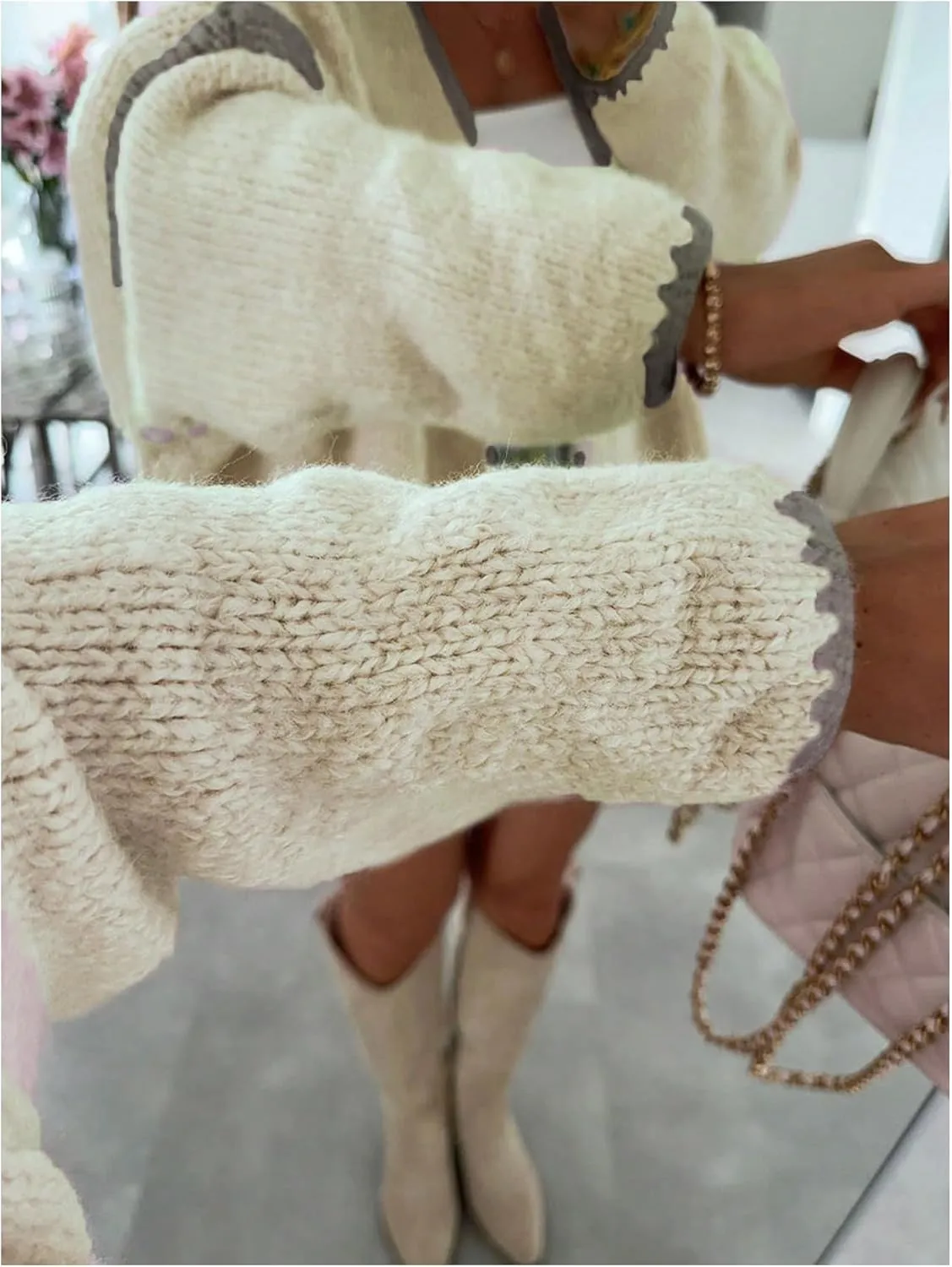 MakeMeChic Women's Open Front Lantern Long Sleeve Cardigan Sweater Chunky Knit Oversized Cardigans