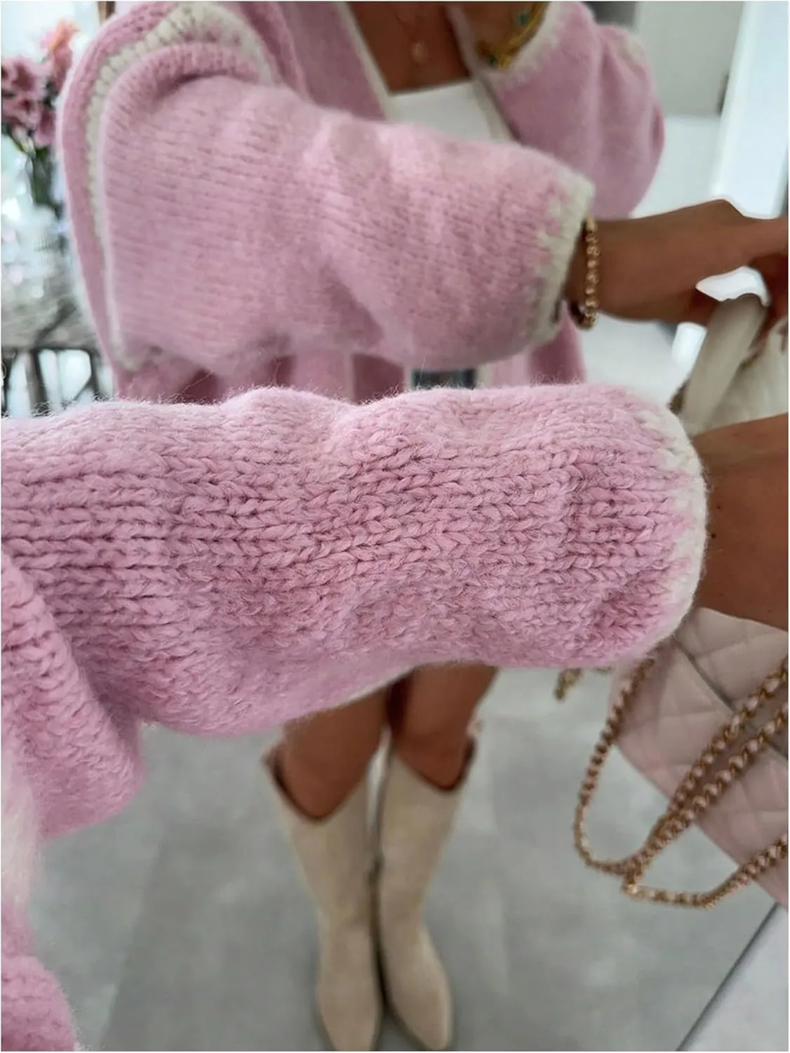 MakeMeChic Women's Open Front Lantern Long Sleeve Cardigan Sweater Chunky Knit Oversized Cardigans