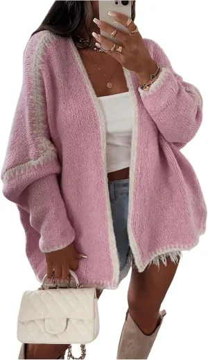 MakeMeChic Women's Open Front Lantern Long Sleeve Cardigan Sweater Chunky Knit Oversized Cardigans