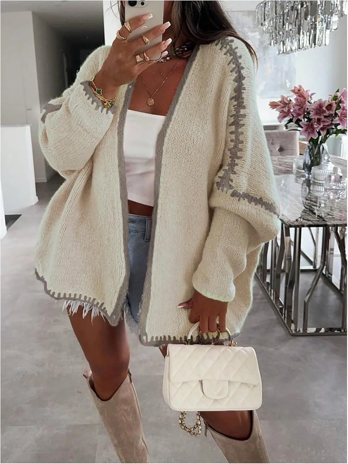 MakeMeChic Women's Open Front Lantern Long Sleeve Cardigan Sweater Chunky Knit Oversized Cardigans