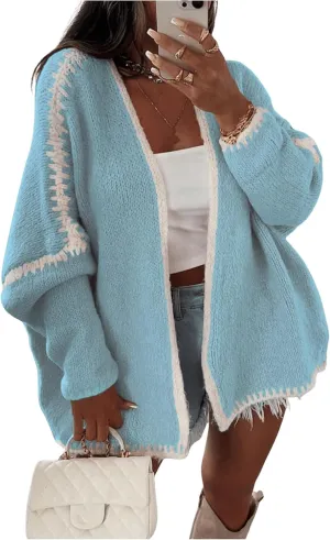 MakeMeChic Women's Open Front Lantern Long Sleeve Cardigan Sweater Chunky Knit Oversized Cardigans
