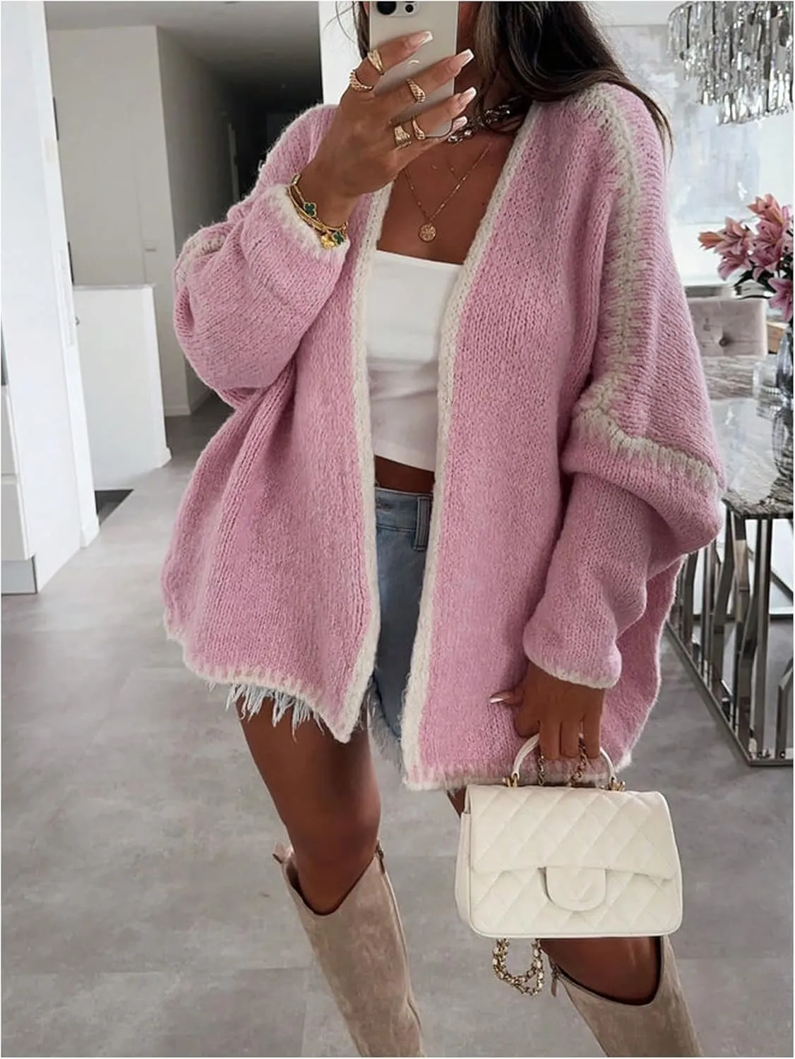MakeMeChic Women's Open Front Lantern Long Sleeve Cardigan Sweater Chunky Knit Oversized Cardigans