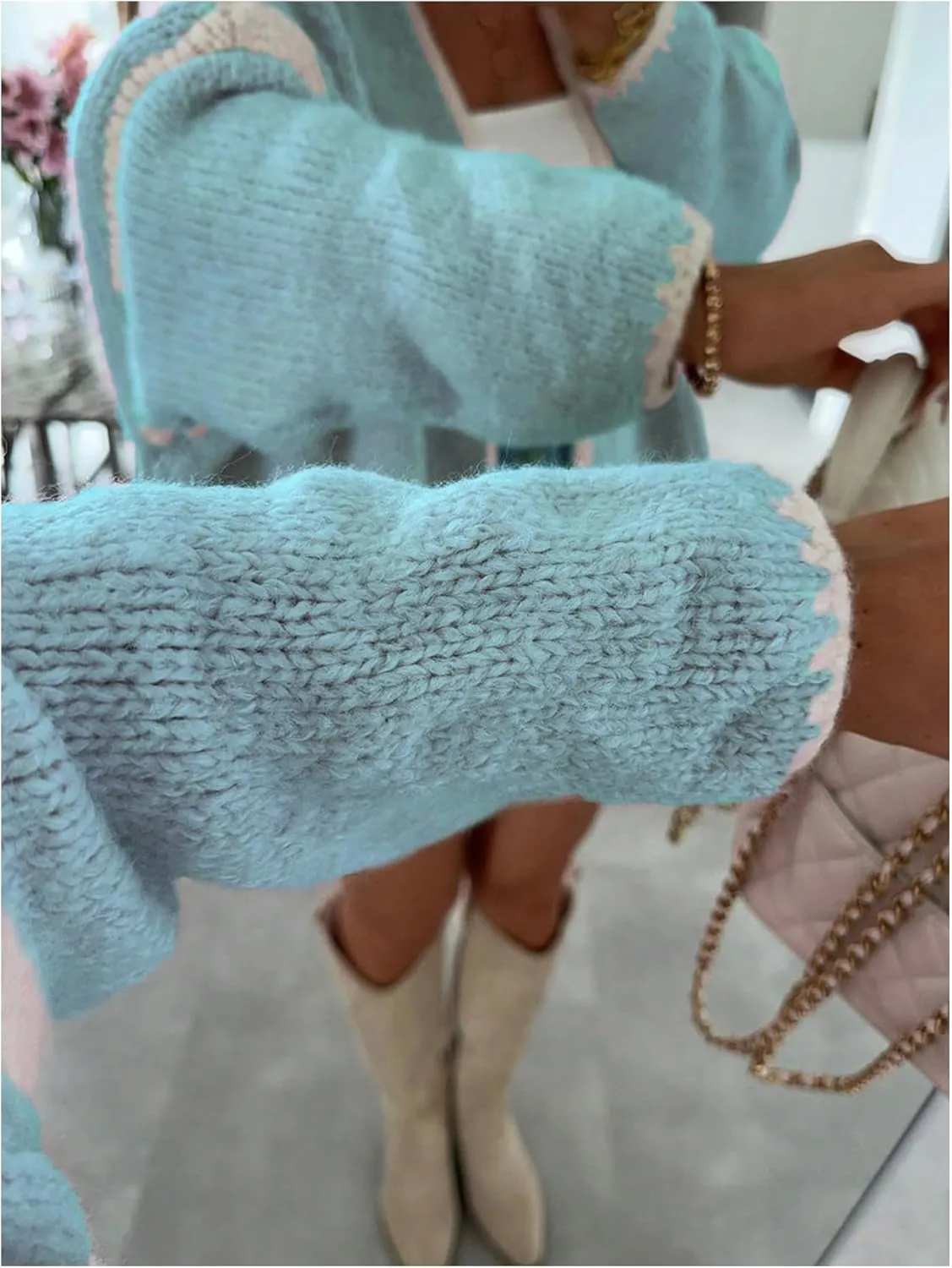 MakeMeChic Women's Open Front Lantern Long Sleeve Cardigan Sweater Chunky Knit Oversized Cardigans