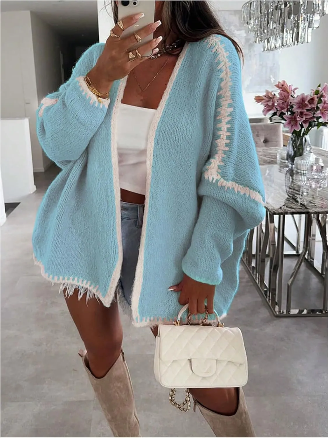 MakeMeChic Women's Open Front Lantern Long Sleeve Cardigan Sweater Chunky Knit Oversized Cardigans