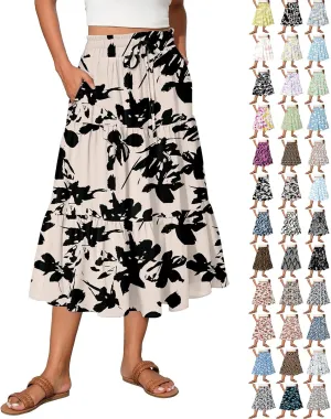 Maxi Skirts for Women Summer Drawstring High Waisted Floral Long Skirts Trendy Ruffle Tiered Cute Midi Skirt with Pockets