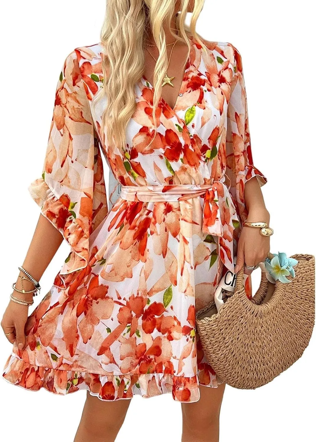 Melliflo Women Summer Floral Print Vintage Boho Dress V Neck Half Ruffle Sleeve Beach Swing Dresses Mini Babydoll Tunic Dress