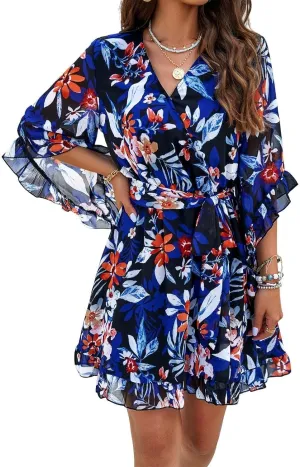 Melliflo Women Summer Floral Print Vintage Boho Dress V Neck Half Ruffle Sleeve Beach Swing Dresses Mini Babydoll Tunic Dress