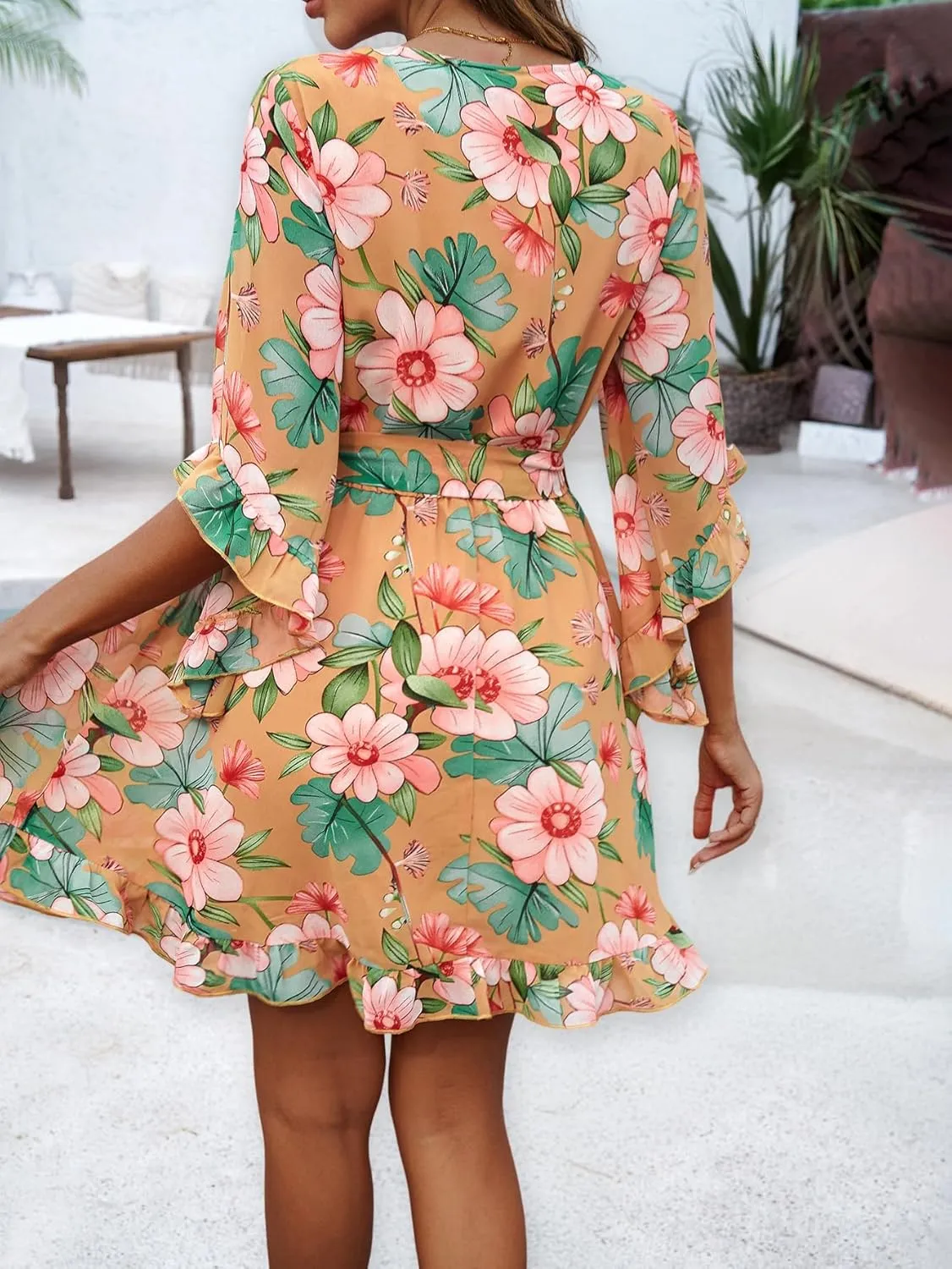 Melliflo Women Summer Floral Print Vintage Boho Dress V Neck Half Ruffle Sleeve Beach Swing Dresses Mini Babydoll Tunic Dress