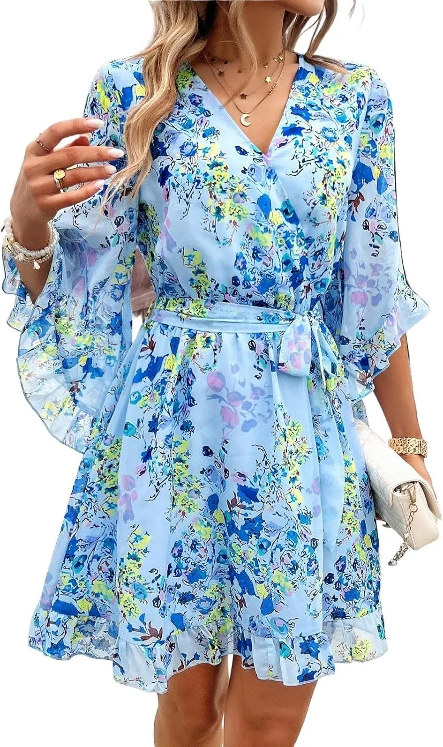 Melliflo Women Summer Floral Print Vintage Boho Dress V Neck Half Ruffle Sleeve Beach Swing Dresses Mini Babydoll Tunic Dress