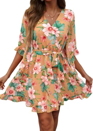 Melliflo Women Summer Floral Print Vintage Boho Dress V Neck Half Ruffle Sleeve Beach Swing Dresses Mini Babydoll Tunic Dress