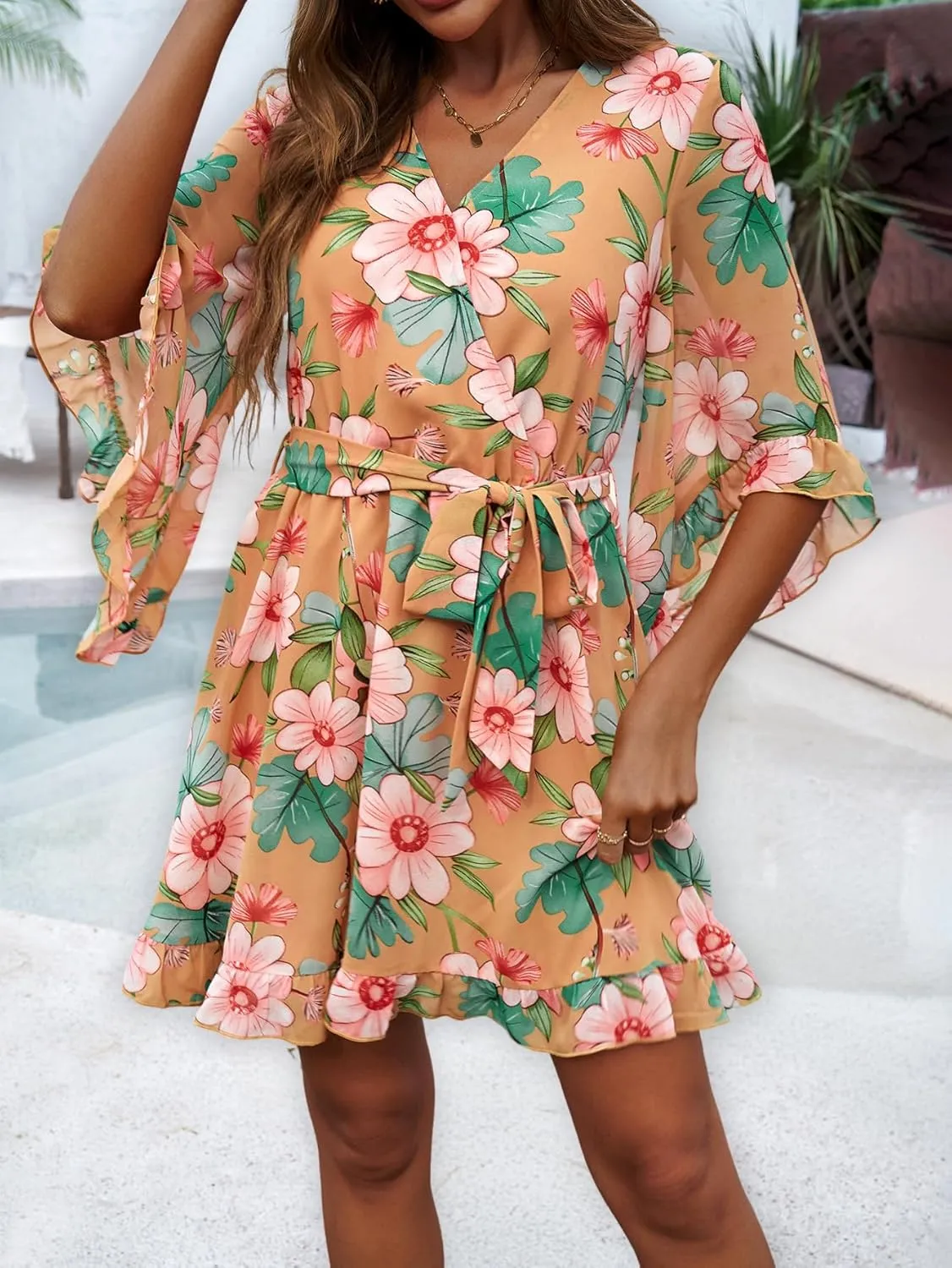 Melliflo Women Summer Floral Print Vintage Boho Dress V Neck Half Ruffle Sleeve Beach Swing Dresses Mini Babydoll Tunic Dress