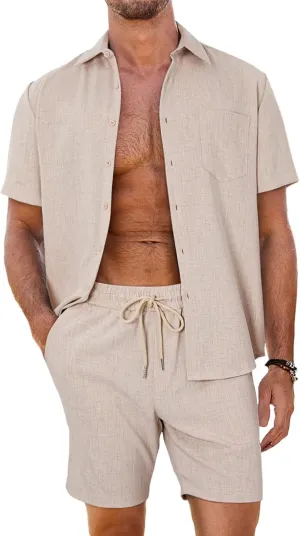 Men's 2 Piece Casual Summer Beach Button Down Shirt Short Sleeve Solid Shirts and Shorts Yoga Outfits Sets