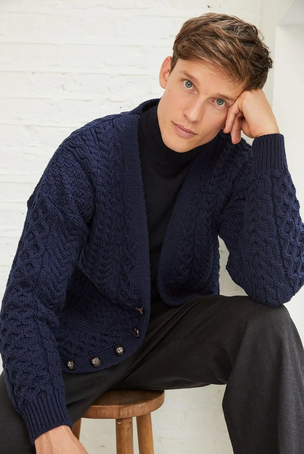 Men's Irish Cable Knit Cardigan Sweater, 100% Soft Merino Wool, V-Neck Buttoned with Pockets, Clare Island
