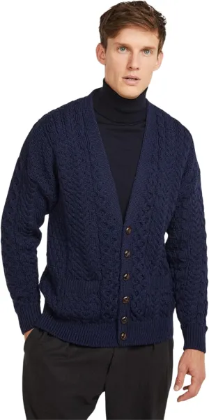Men's Irish Cable Knit Cardigan Sweater, 100% Soft Merino Wool, V-Neck Buttoned with Pockets, Clare Island