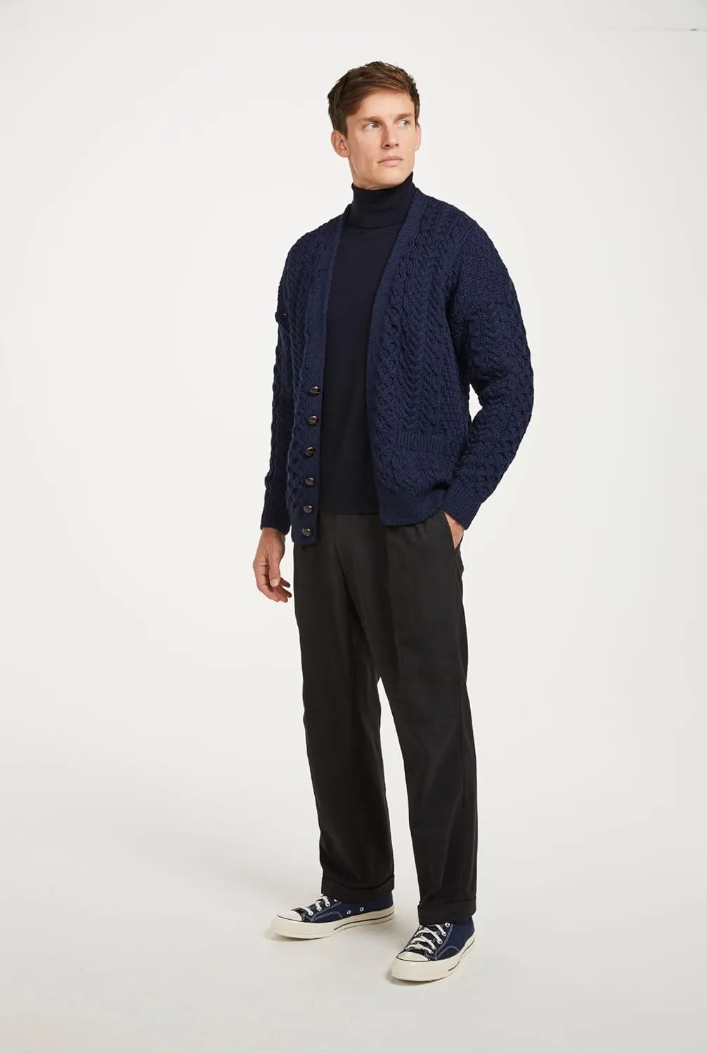 Men's Irish Cable Knit Cardigan Sweater, 100% Soft Merino Wool, V-Neck Buttoned with Pockets, Clare Island