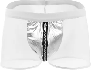 Men's Mesh Patent Leather Boxer Sexy Underwear Breathable Hollow Out Lingerie Zipper Lace Up Costume Sheer Briefs