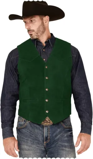 Men's Suede Leather Vest Slim Fit V-Neck Western Cowboy Waistcoat for Wedding Prom